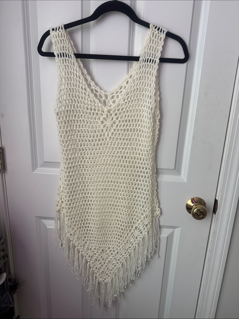 Cream Crochet Fringe Beach Cover-Up